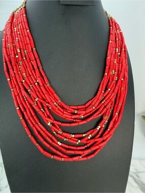 Stella and Dot Red Campari Necklace Multi Strand Bright Statement Bib Gold Tone